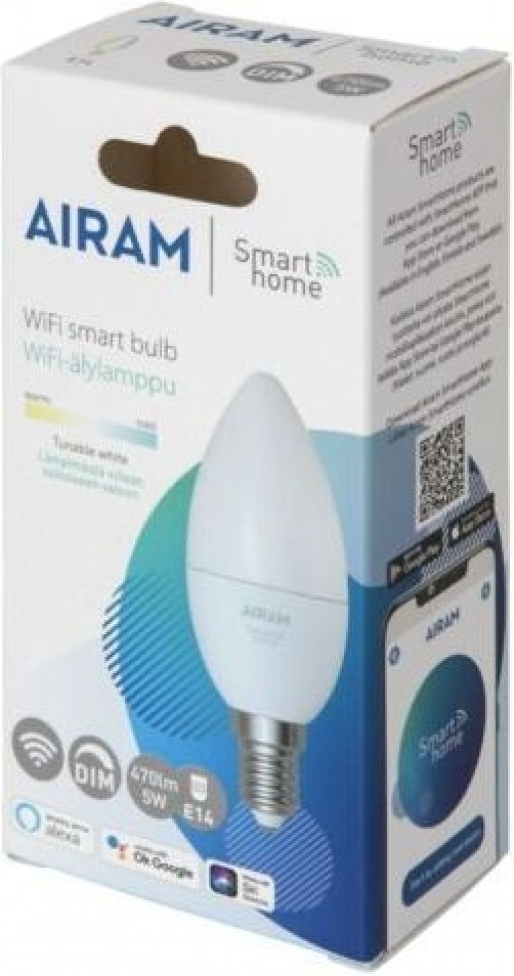 Airam SmartHome candle lamp, E14, opal, 470 lm, tunable white, WiFi Airam SmartHome candle lamp, E14, opal, 470 lm, tunable white, WiFi