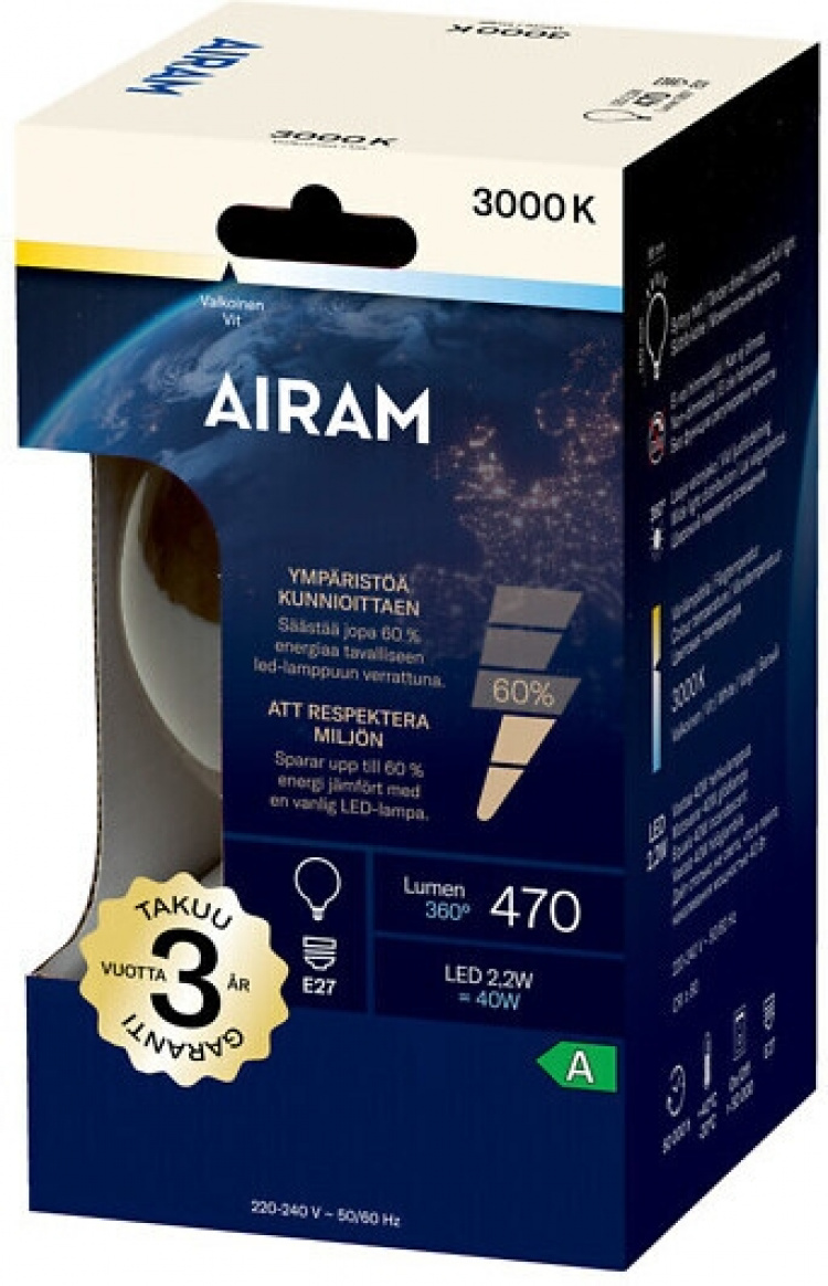 Airam LED G95 bulb, E27, 3000K, 470lm, clear copper Airam LED G95 bulb, E27, 3000K, 470lm, clear copper
