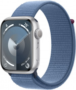 Apple Watch Series 9 (GPS) 45 mm silver-coloured aluminium case and storm blue Sport Loop strap (MR9F3)