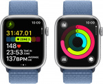 Apple Watch Series 9 (GPS) 45 mm silver-coloured aluminium case and storm blue Sport Loop strap (MR9F3)