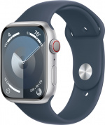 Apple Watch Series 9 (GPS + Cellular) 45 mm silver-coloured aluminium case and storm blue sports bracelet, M/L (MRMH3)