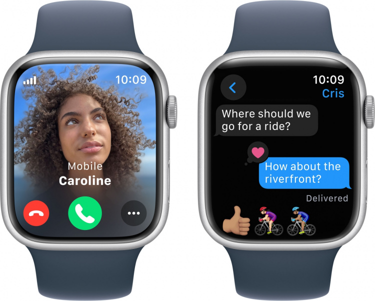 Apple Watch Series 9 (GPS + Cellular) 45 mm silver-coloured aluminium case and storm blue sports bracelet, M/L (MRMH3)