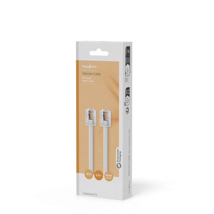 Nedis Telecom Cable | RJ11 Male | RJ11 Male | 5.00 m | Cable design: Flat | Cable type: RJ11 | Transparent / White