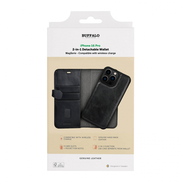 Buffalo Wallet Case 2-in-1 3 Card MagSeries Black - iPhone 16 Pro