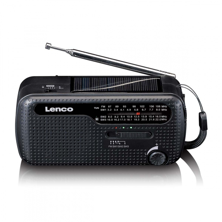 Lenco Portable wind-up emergency radio flashlight and power bank in one Black