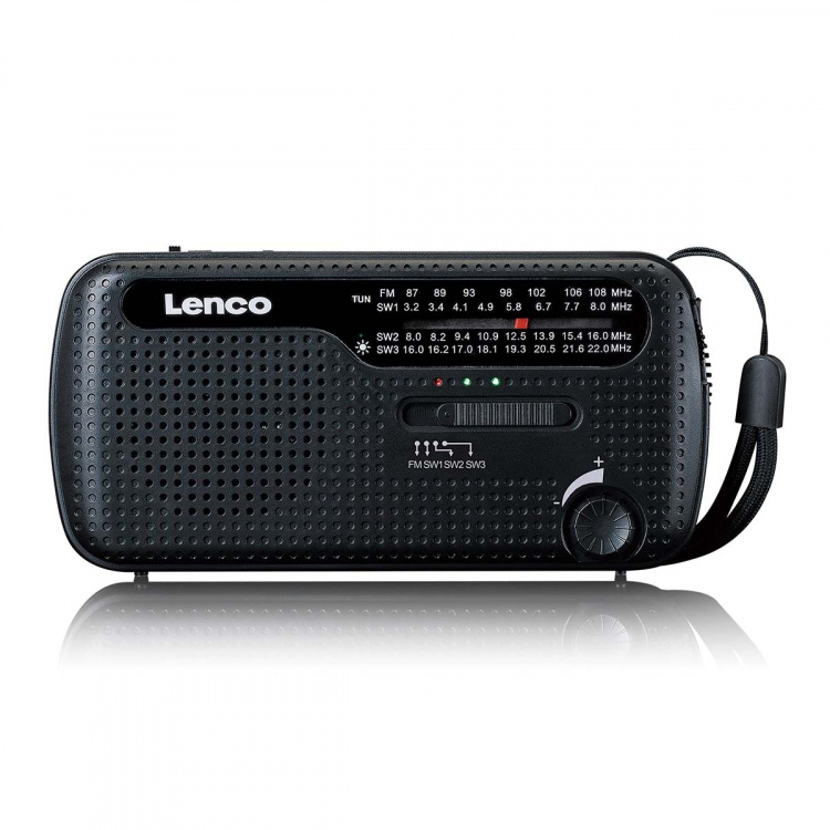 Lenco Portable wind-up emergency radio flashlight and power bank in one Black