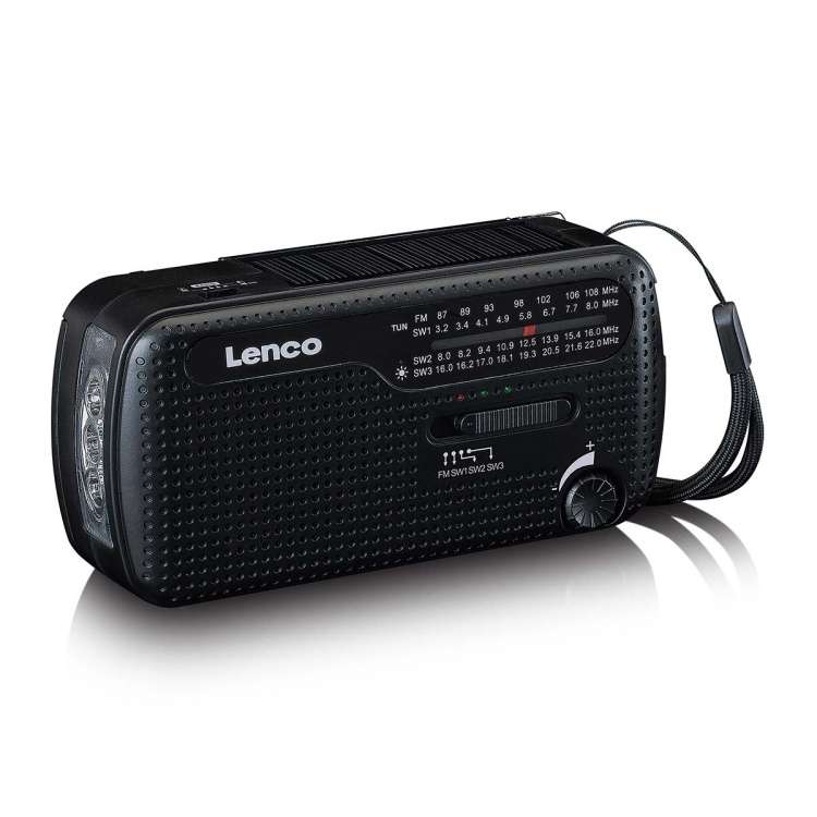 Lenco Portable wind-up emergency radio flashlight and power bank in one Black