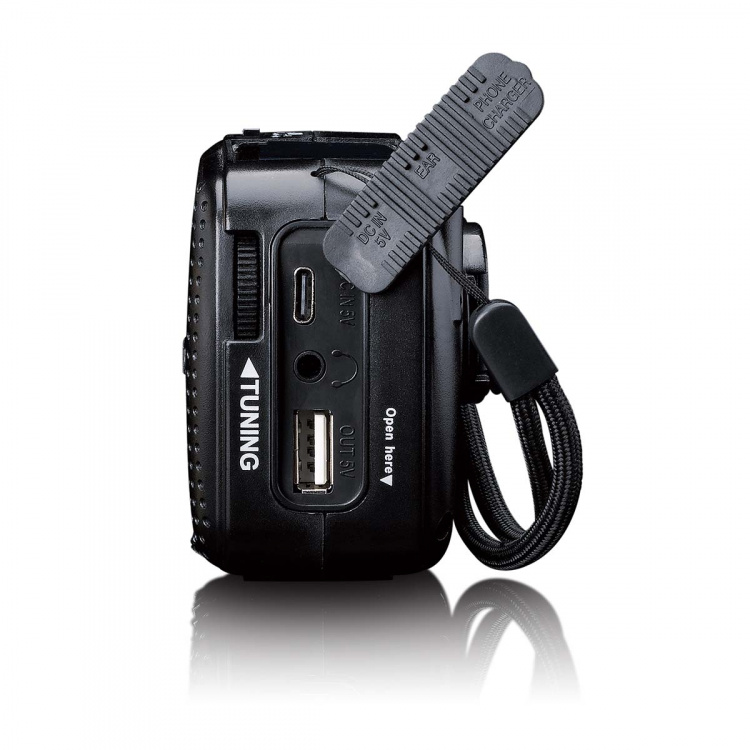 Lenco Portable wind-up emergency radio flashlight and power bank in one Black