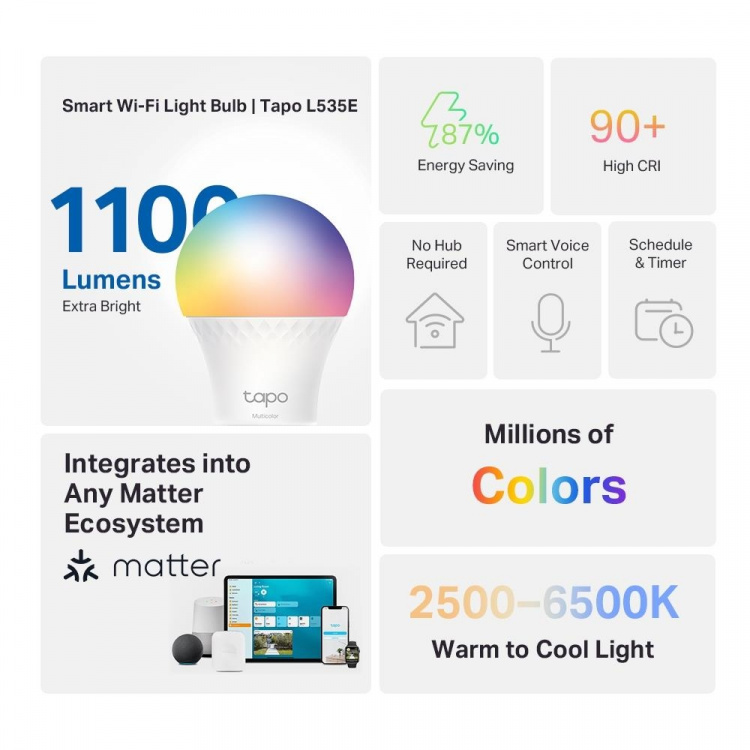 TP-Link Tapo Smart Wi-Fi Light Bulb, Multicolor, E27 /Tapo L535E