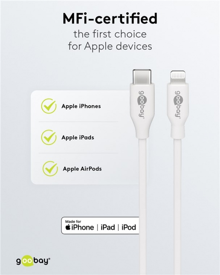 Goobay Lightning till USB-C™ laddnings- och synkroniseringskabel, 0,5 m, vit MFi-kabel för Apple iPhone/iPad