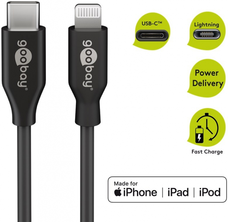 Goobay Lightning till USB-C™ laddnings- och synkroniseringskabel, 1 m, svart MFi-kabel för Apple iPhone/iPad Goobay Lightning till USB-C™ laddnings- och synkroniseringskabel, 1 m, svart MFi-kabel för Apple iPhone/iPad