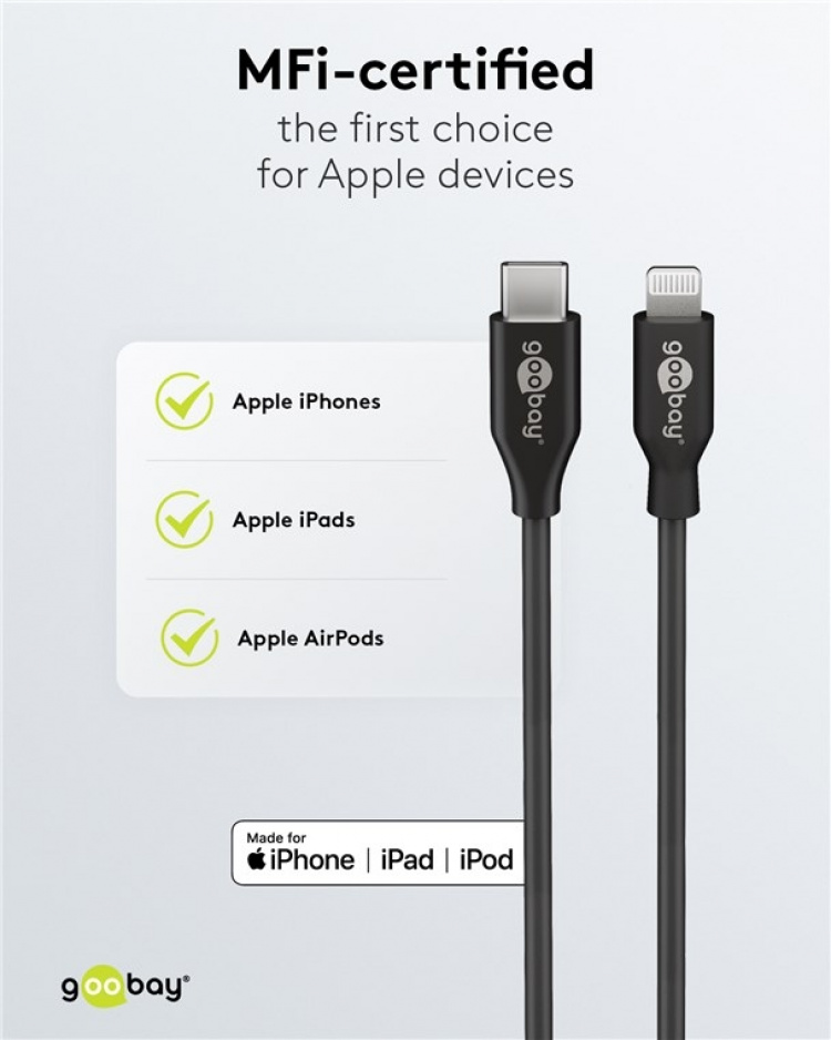 Goobay Lightning till USB-C™ laddnings- och synkroniseringskabel, 2 m, svart MFi-kabel för Apple iPhone/iPad