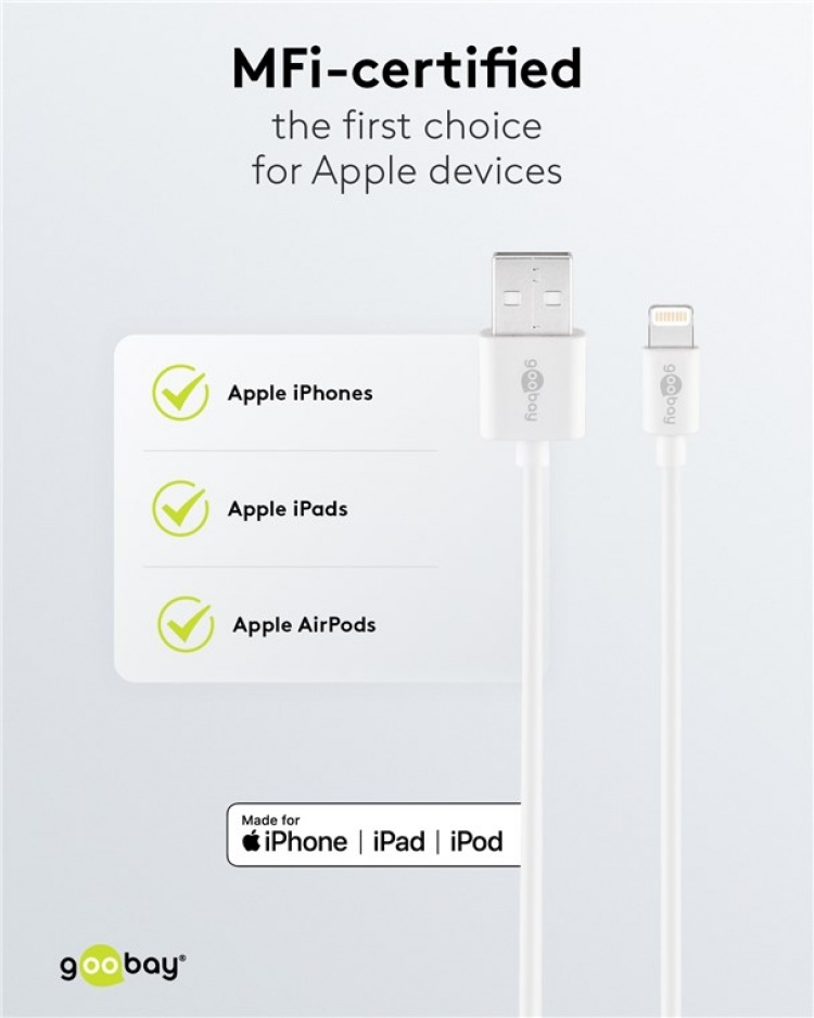 Goobay Lightning USB-kabel för laddning och synkronisering, 1 m, vit MFi-kabel för Apple iPhone/iPad