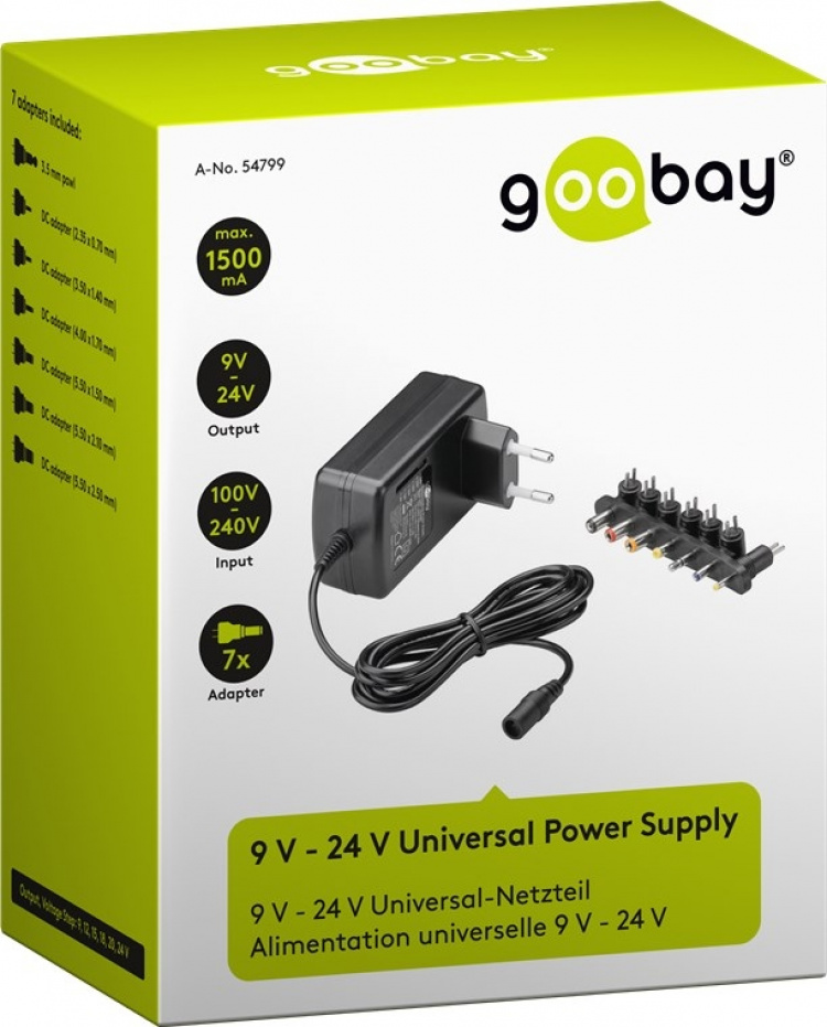Goobay Universalnätdel (9 V - 24 V max. 24 W / 1,5 A) inkl. 7x DC-adaptrar