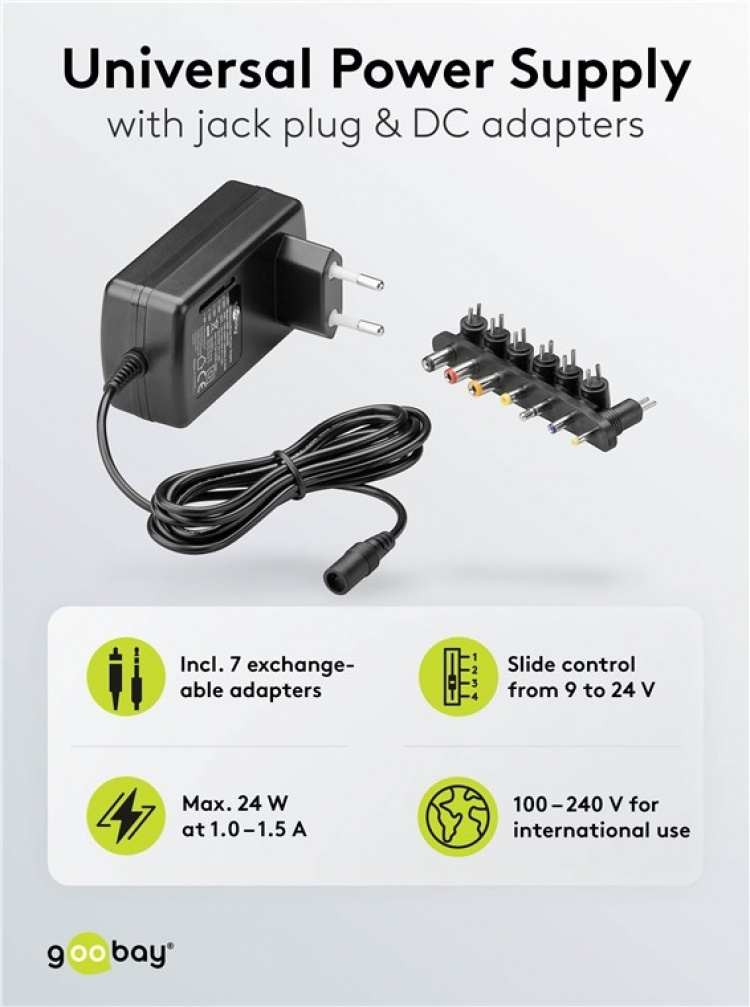 Goobay Universalnätdel (9 V - 24 V max. 24 W / 1,5 A) inkl. 7x DC-adaptrar
