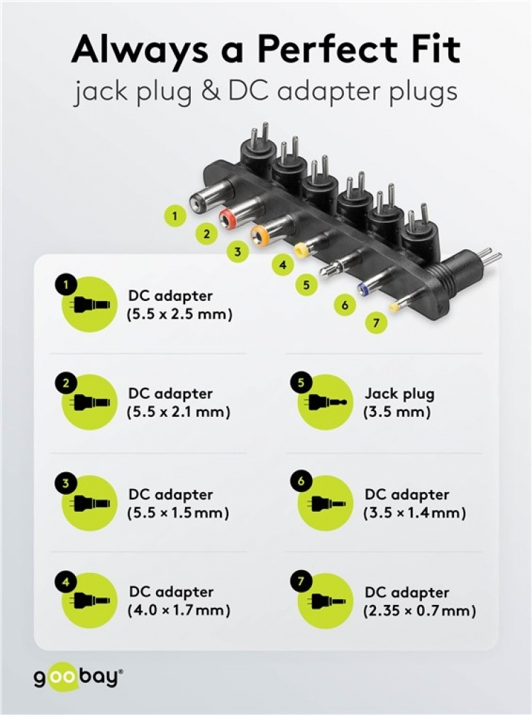 Goobay Universalnätdel (9 V - 24 V max. 24 W / 1,5 A) inkl. 7x DC-adaptrar