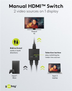 Goobay Manuell HDMI™-omkopplare 2 till 1 (4K @ 30 Hz) för att växla mellan 2x HDMI™-enheter som är anslutna till 1x HDMI™-skärm Goobay Manuell HDMI™-omkopplare 2 till 1 (4K @ 30 Hz) för att växla mellan 2x HDMI™-enheter som är anslutna till 1x HDMI™-skärm