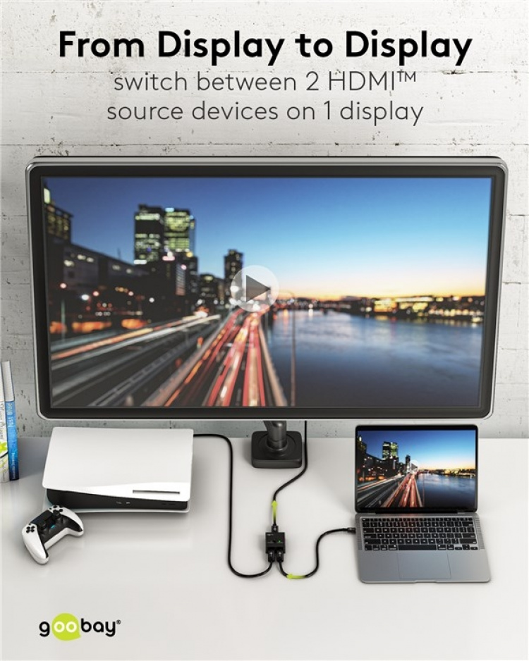 Goobay Manuell HDMI™-omkopplare 2 till 1 (4K @ 30 Hz) för att växla mellan 2x HDMI™-enheter som är anslutna till 1x HDMI™-skärm Goobay Manuell HDMI™-omkopplare 2 till 1 (4K @ 30 Hz) för att växla mellan 2x HDMI™-enheter som är anslutna till 1x HDMI™-skärm