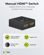 Goobay Manuell HDMI™-omkopplare 2 till 1 (4K @ 30 Hz) för att växla mellan 2x HDMI™-enheter som är anslutna till 1x HDMI™-skärm Goobay Manuell HDMI™-omkopplare 2 till 1 (4K @ 30 Hz) för att växla mellan 2x HDMI™-enheter som är anslutna till 1x HDMI™-skärm