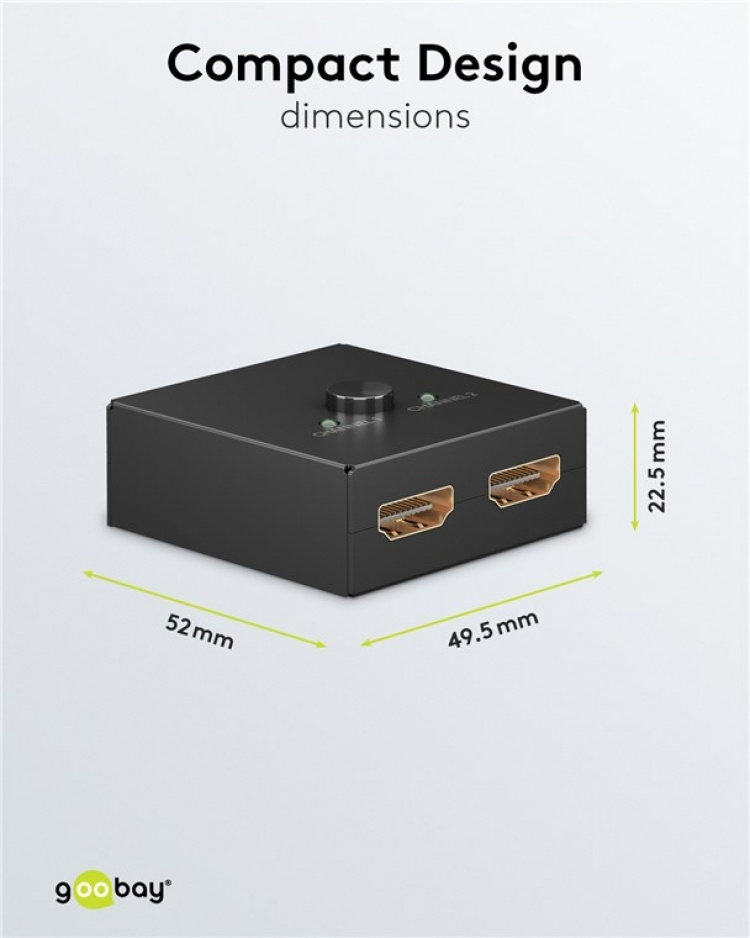Goobay Manuell HDMI™-omkopplare 2 till 1 (4K @ 30 Hz) för att växla mellan 2x HDMI™-enheter som är anslutna till 1x HDMI™-skärm Goobay Manuell HDMI™-omkopplare 2 till 1 (4K @ 30 Hz) för att växla mellan 2x HDMI™-enheter som är anslutna till 1x HDMI™-skärm