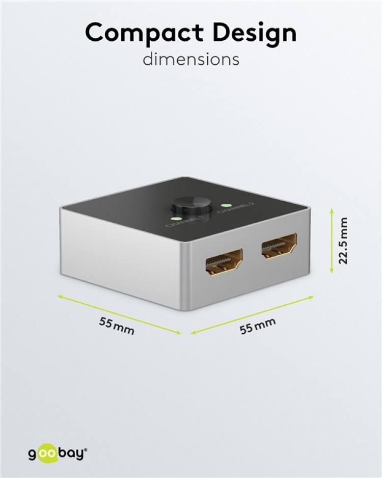 Goobay Manuell HDMI™-omkopplare 2 till 1 (4K @ 60 Hz) för att växla mellan 2x HDMI™-enheter som är anslutna till 1x HDMI™-skärm