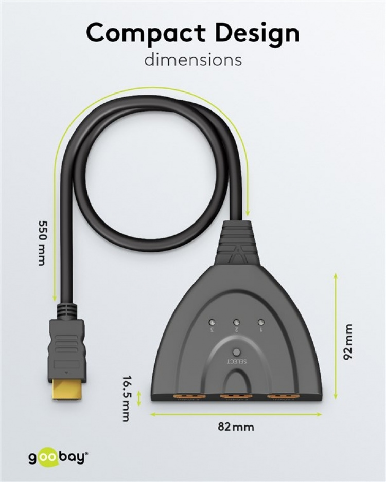 Goobay Manuell HDMI™-omkopplare 3 till 1 (4K @ 30 Hz) för att växla mellan 3x HDMI™-enheter som är anslutna till 1x HDMI™-skärm Goobay Manuell HDMI™-omkopplare 3 till 1 (4K @ 30 Hz) för att växla mellan 3x HDMI™-enheter som är anslutna till 1x HDMI™-skärm