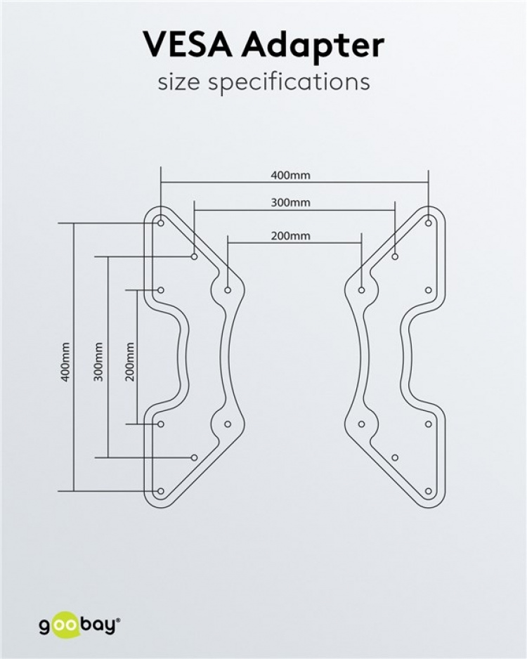 Goobay Adapter för TV-väggfäste med VESA-dimension ökar avståndet mellan monteringshålen på en TV-apparat till maximalt 400x400 mm Goobay Adapter för TV-väggfäste med VESA-dimension ökar avståndet mellan monteringshålen på en TV-apparat till maximalt 400x400 mm