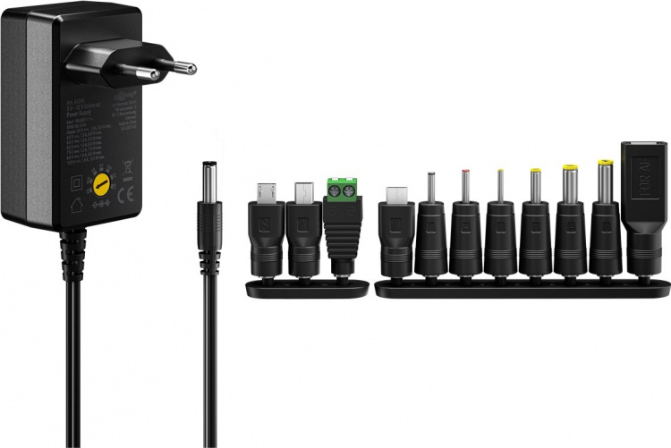 Goobay Universalnätdel 3 V - 12 V, max. 18 W inkl. 11 adaptrar: 7 DC-adaptrar plus USB-C™, USB-A, USB Mini-B, Micro-USB och terminalblock