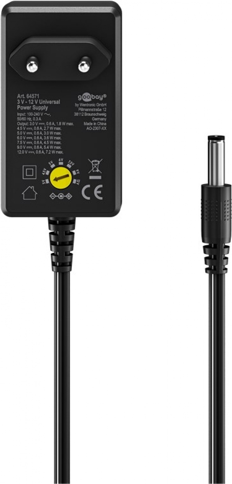 Goobay Universalnätdel 3 V - 12 V, max. 7,2 W inkl. 11 adaptrar: 7 DC-adaptrar plus USB-C™, USB-A, USB Mini-B, Micro-USB och terminalblock