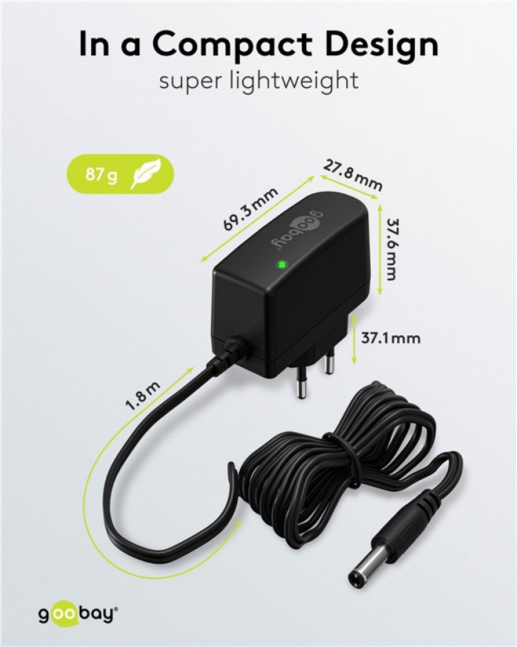 Goobay 12 V nätdel (7,2 W / 0,6 A) med centrumstift (han) 5,5 mm x 2,5 mm Goobay 12 V nätdel (7,2 W / 0,6 A) med centrumstift (han) 5,5 mm x 2,5 mm