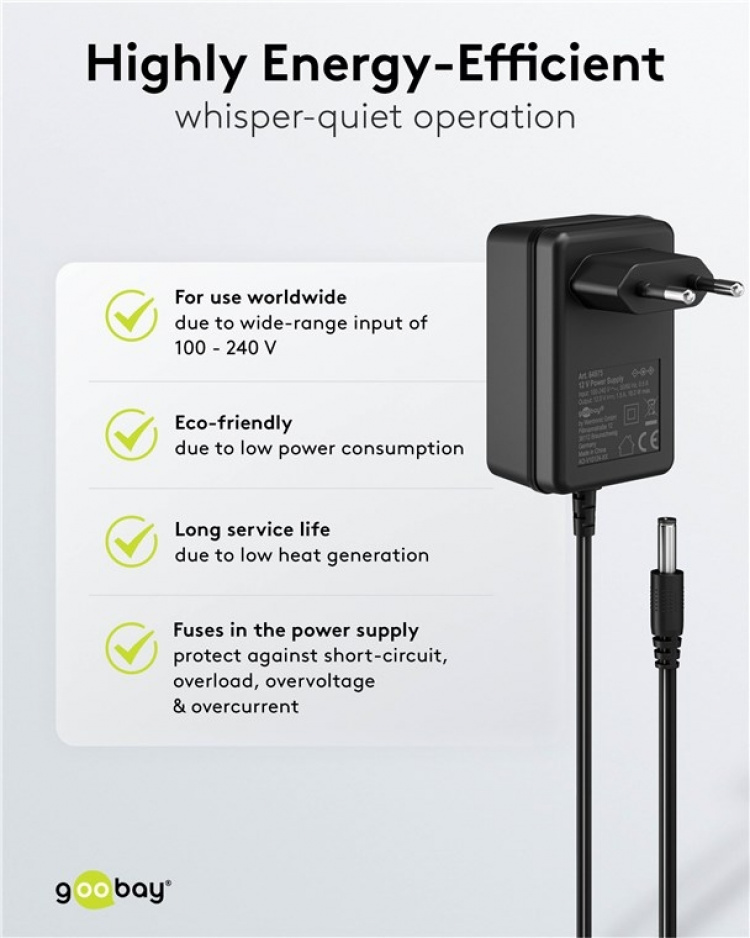 Goobay 12 V nätdel (18 W / 1,5 A) med centrumstift (han) 5,5 mm x 2,1 mm Goobay 12 V nätdel (18 W / 1,5 A) med centrumstift (han) 5,5 mm x 2,1 mm