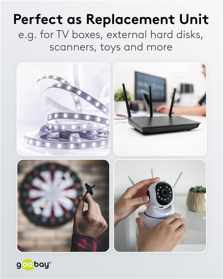 Goobay 12 V nätdel (12 W / 1,0 A) med centrumstift (han) 5,5 mm x 2,1 mm