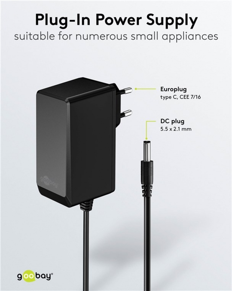 Goobay 12 V nätdel (27 W / 2,25 A) med centrumstift (han) 5,5 mm x 2,1 mm Goobay 12 V nätdel (27 W / 2,25 A) med centrumstift (han) 5,5 mm x 2,1 mm