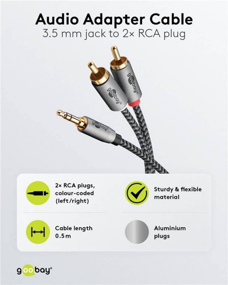 Goobay Ljudadapterkabel AUX, 3,5 mm jack till stereo RCA-kontakt, 0,5 m Pawl 3,5 mm plugg (3-stift, Stereo) > 2x RCA-kontakt (ljud vänster / höger)