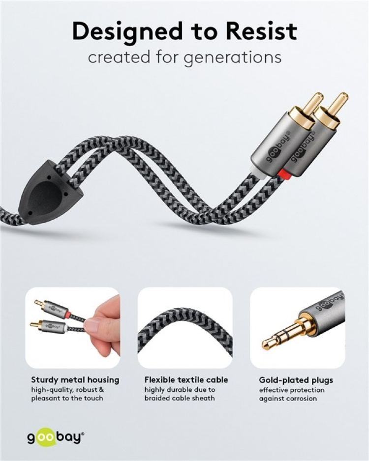 Goobay Ljudadapterkabel AUX, 3,5 mm jack till stereo RCA-kontakt, 1 m Pawl 3,5 mm plugg (3-stift, Stereo) > 2x RCA-kontakt (ljud vänster / höger)