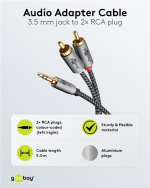 Goobay Ljudadapterkabel AUX, 3,5 mm jack till stereo RCA-kontakt, 5 m Pawl 3,5 mm plugg (3-stift, Stereo) > 2x RCA-kontakt (ljud vänster / höger) Goobay Ljudadapterkabel AUX, 3,5 mm jack till stereo RCA-kontakt, 5 m Pawl 3,5 mm plugg (3-stift, Stereo) > 2x RCA-kontakt (ljud vänster / höger)