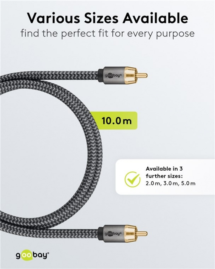 Goobay Mono RCA-kabel, 10 m Cinch kontakten (woofer, Center) > Cinch kontakten (woofer, Center)