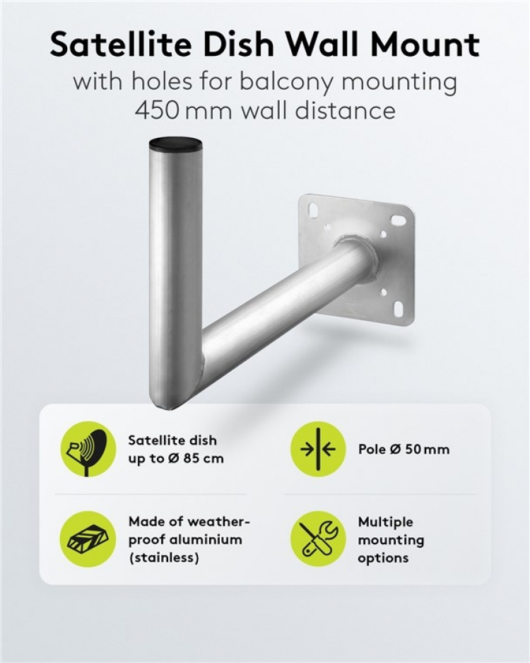 Goobay Vägghållare i aluminium för parabolantenn, avstånd till väggen 450 mm högkvalitativt väggfäste för parabolantenner av rostfri och väderbeständig aluminium