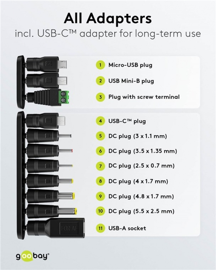 Goobay Universalnätdel 3 V - 12 V, max. 3,6 W inkl. 11 adaptrar: 7 DC-adaptrar plus USB-C™, USB-A, USB Mini-B, Micro-USB och terminalblock