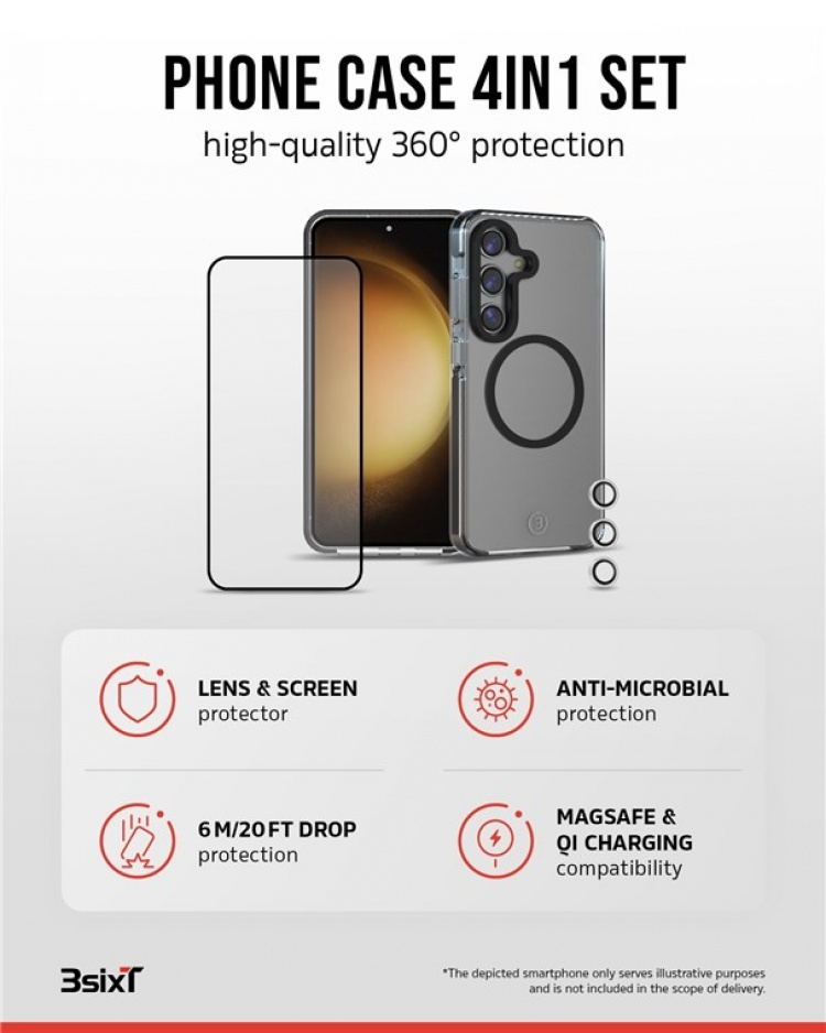 3SIXT 4in1 Protection Bundle mobilskal, skärmskydd, kameraskydd och stressfri applikator, kompatibel med Samsung Galaxy S24, transparent