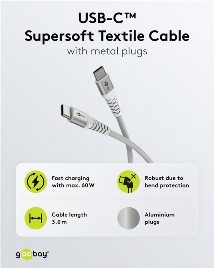 Goobay USB-C™ supersoft textilkabel med metallkontakter, 3 m, vit elegant och extra robust anslutningskabel för enheter med USB-C™-port