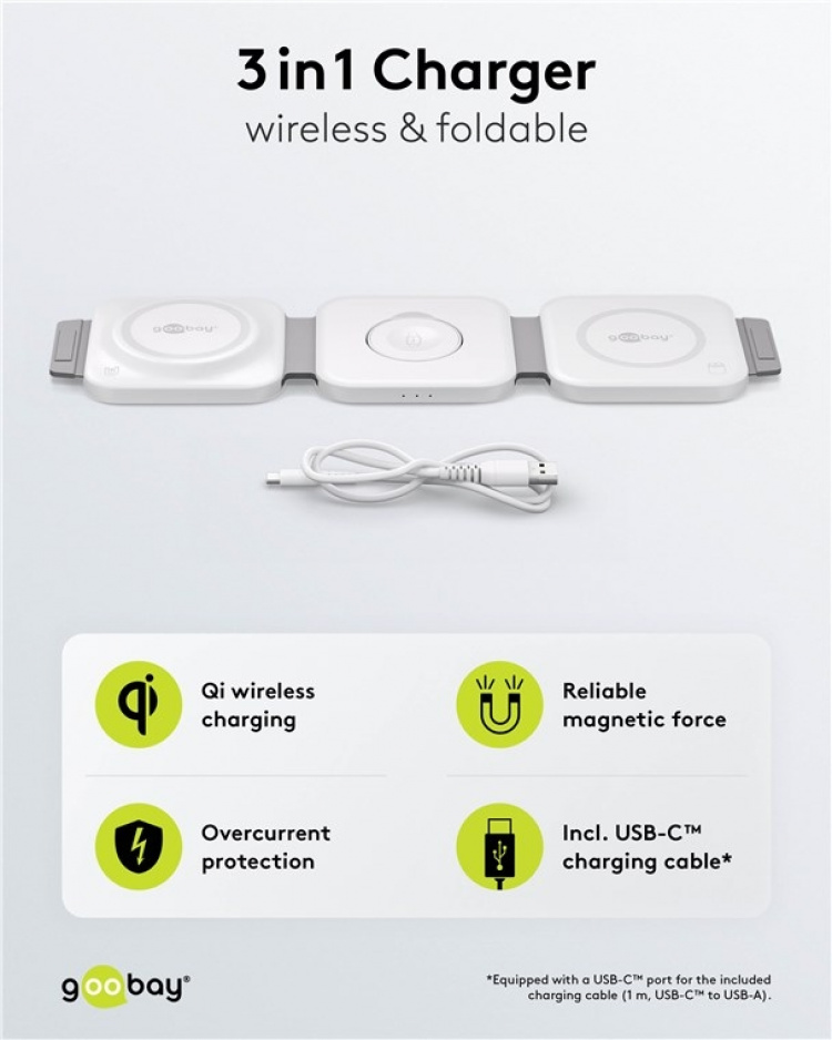 Goobay 3in1 trådlös laddare, vikbar, 15 W laddar trådlöst upp till 3 enheter samtidigt