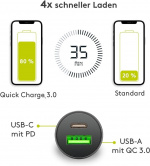 Goobay Dual USB snabbladdare för bil USB-C™ (27 W) laddningsadapter för bil med 1x USB-C™ och 1x USB-A, USB-C™-kabel, 1 m, svart