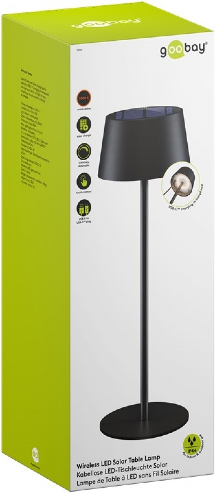 Goobay Trådlös LED-bordslampa med solcell, svart med touchkontroll, 150 lm, varmvit (3000 K), steglöst dimbar