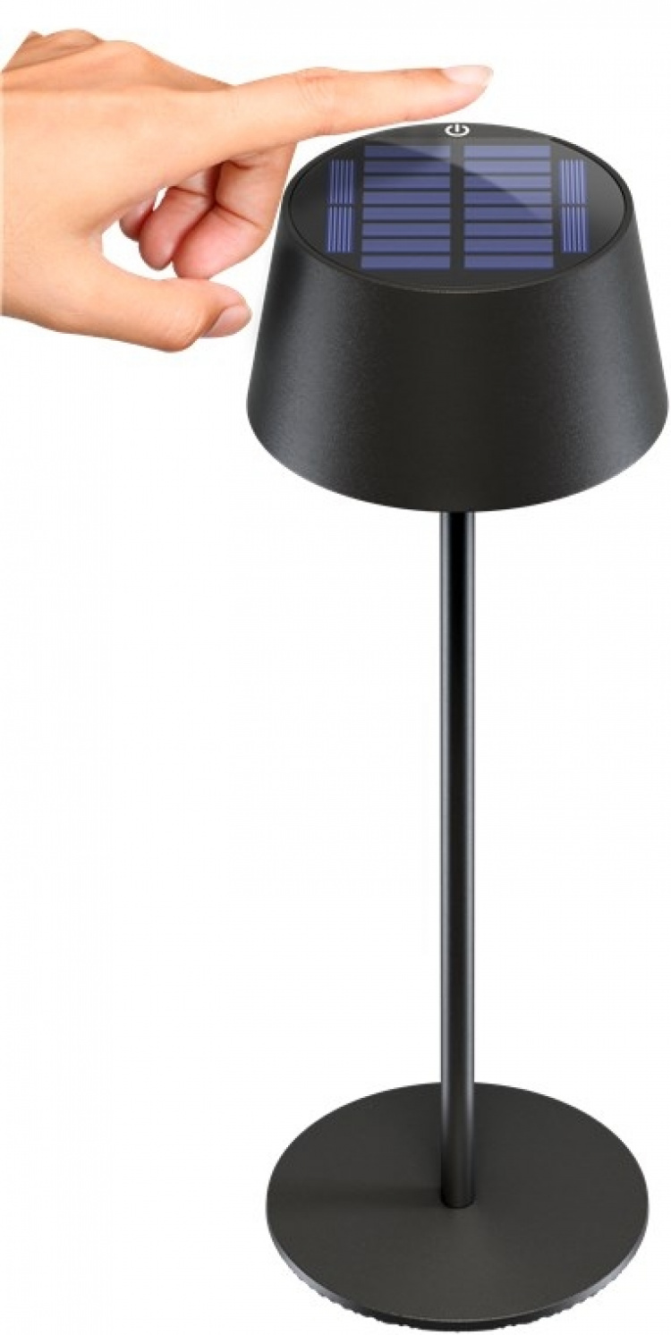 Goobay Trådlös LED-bordslampa med solcell, svart med touchkontroll, 150 lm, varmvit (3000 K), steglöst dimbar