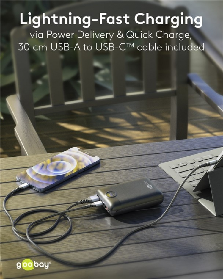 Goobay Powerbank 20.000 mAh extremt kompakt powerbank med Power Delivery och Quick Charge för snabbladdning