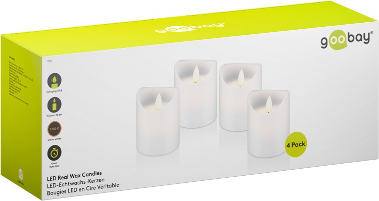 Goobay 4-pack LED-ljus av äkta vax, vit, inkl. 12x AAA (LR03) med timerfunktion och pendelveke, batteridriven, varmvitt (2700 K) Goobay 4-pack LED-ljus av äkta vax, vit, inkl. 12x AAA (LR03) med timerfunktion och pendelveke, batteridriven, varmvitt (2700 K)