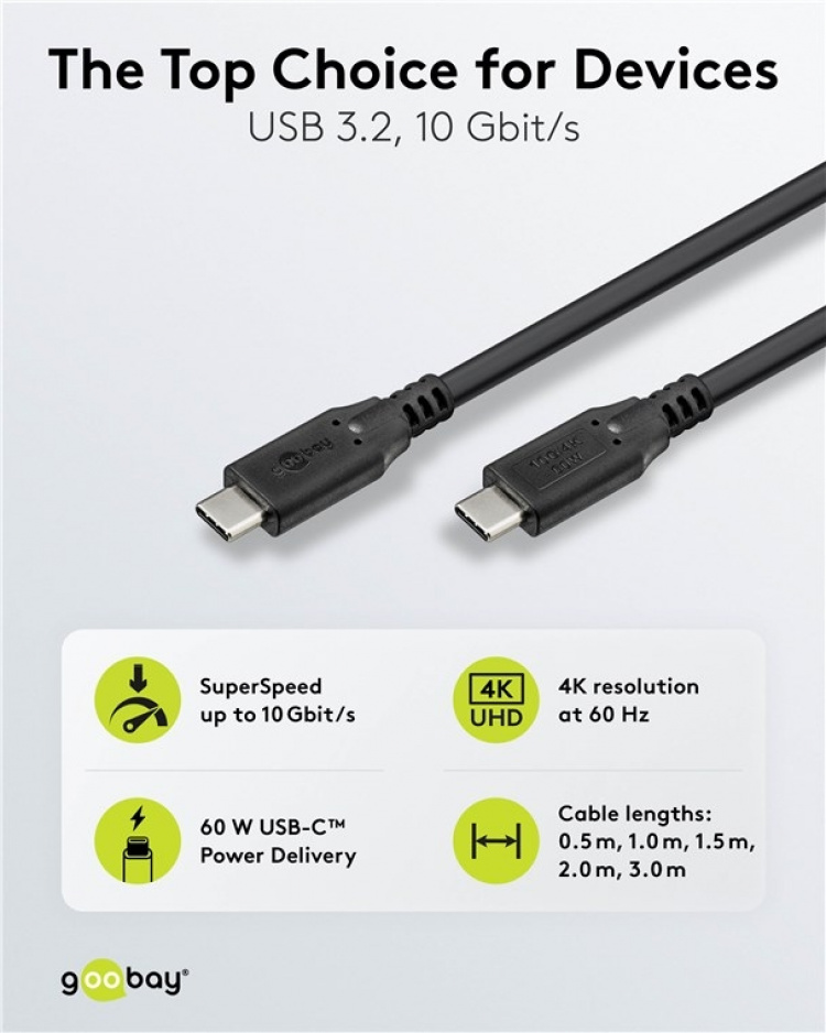 Goobay USB-C™-kabel, USB 3.2, 60 W, 10 Gbit/s, Power Delivery, 3 m USB-C™-kontakt > USB-C™-kontakt Goobay USB-C™-kabel, USB 3.2, 60 W, 10 Gbit/s, Power Delivery, 3 m USB-C™-kontakt > USB-C™-kontakt