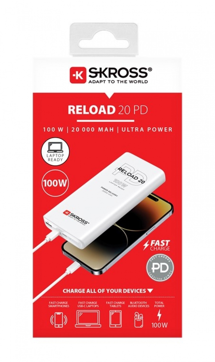 SKROSS Powerbank Reload 20 PD 100 W praktiskt extrabatteri med Power Delivery och Quick Charge för snabbladdning