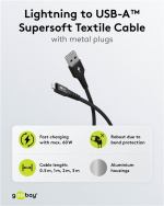 Goobay Lightning-USB-A supersoft textilkabel med metallkontakter, 1 m, svart MFi-certifierad, elegant och extra robust laddnings- och synkroniseringskabel för Apple iPhone/iPad (svart)